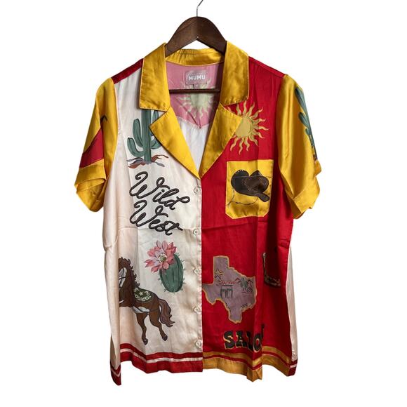 Show Me Your Mumu Home & Away Lone Star Silk Pajama Top Womans Medium - Picture 1 of 11